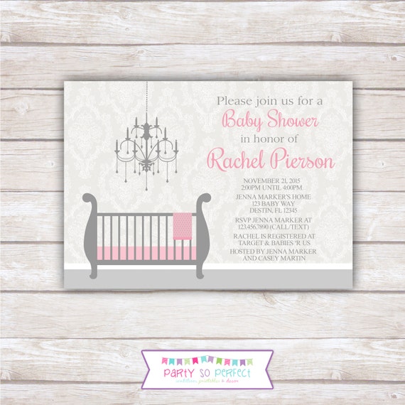 DAMASK BABY SHOWER. Pink and Gray. Printable Invitation. Il_570xn