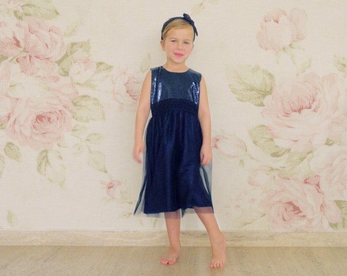 Luxury Italian Design Party Dress, Little girl Blue Paillettes Party Dress, Navy Blue Tulle dress for Party Girls, Toddler Elegant dresses