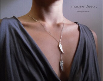 25% off SPECIAL Sterling Silver Angel Wing Lariat Y Necklace Bird Wing Necklace Matte Silver Wings Beautiful Modern Versatile