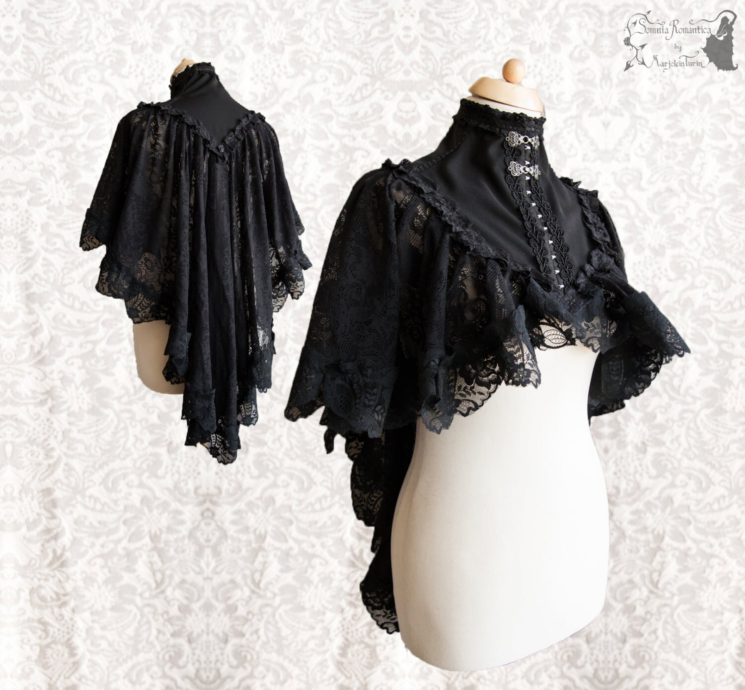 Capelet Victorian Goth black lace shrug Steampunk