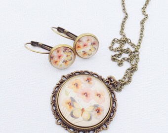 Glass necklace and earrings gift set, unique birthday present for ladies, bronze vintage style butterfly and floral photo pendant