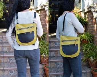 Leather backpack,leather bag,leather purse,yellow leather purse,yellow backpack,zippered bag,leather purse,convertible,pink bag,handbag