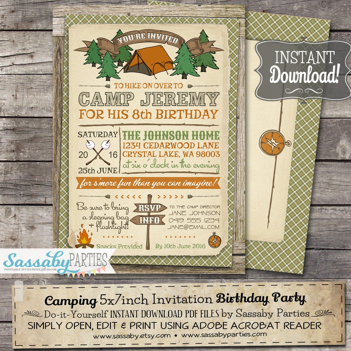 Camping Party Invitation INSTANT DOWNLOAD Partially