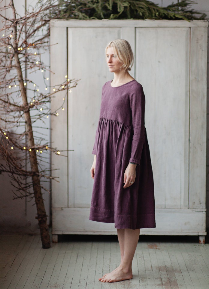 Linen Dress Purple Long Sleeve High Waist Hand Made Dress