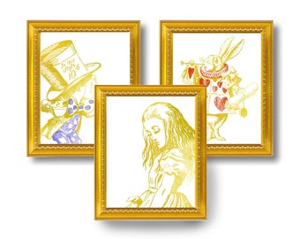 Alice in Wonderland The White Rabbit The Mad Hatter Gold Golden Art Print Set Lewis Carroll Nursery Metallic