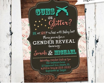 Guns or Glitter gender reveal invitation, western baby shower invite, gender reveal baby shower, rustic shower invite, digital file (JPD329)