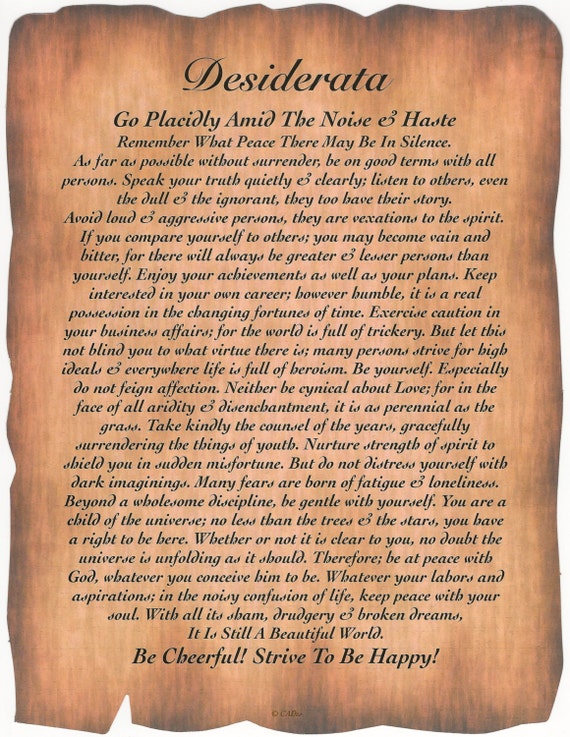 El poema Desiderata de Max Ehrmann en papel por DesiderataGallery