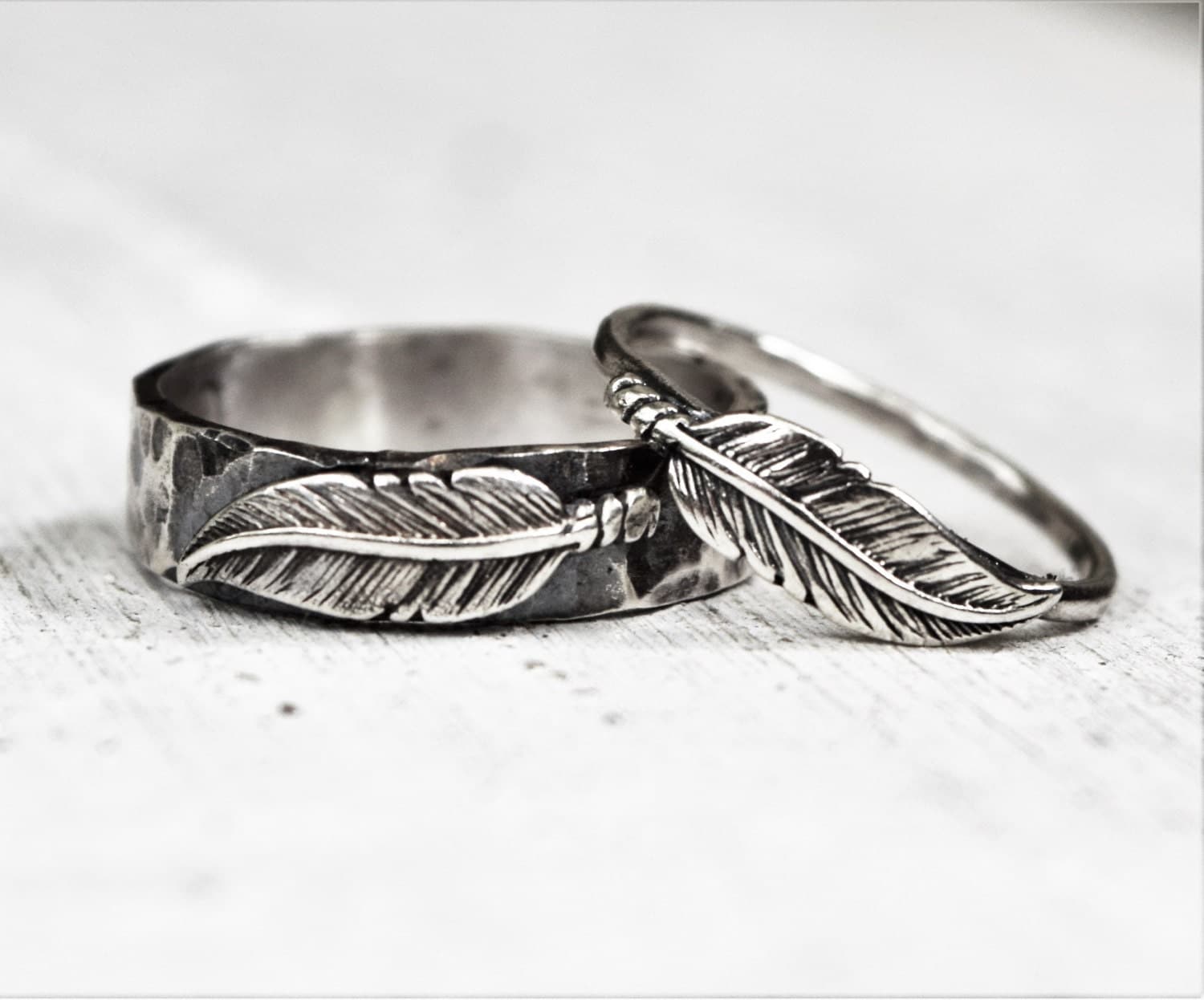 Hammered Sterling Silver Feather Rings Pair His & Hers