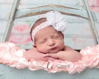 White Frayed Flower with a Pink Rose Center headband, perfect for all ages, newborn photo prop, shabby edges, white flower