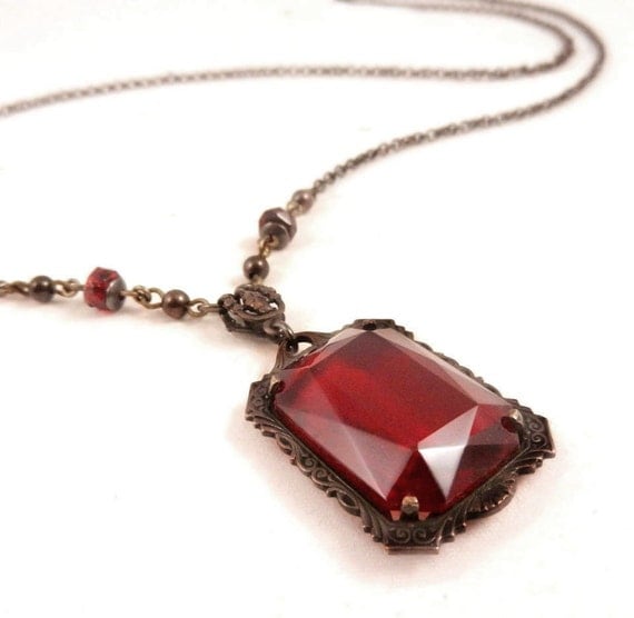 Red Jewel Necklace Large Jewel Ruby Red by ThreeSistersFoundry
