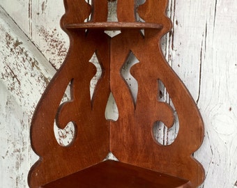 Wooden corner shelf ornate knick knack two tier vintage wooden wall hanging