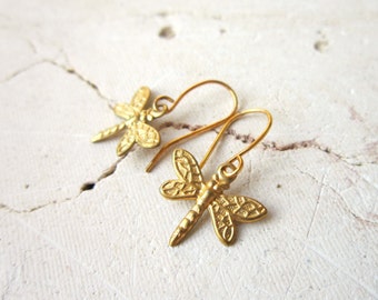 Tiny Gold Dragonfly Earrings.Gold Drop Earrings.Dragonfly Dangle Earrings.Dragonfly Jewelry.Gift for Dragonfly Lover. Remembrance Jewelry