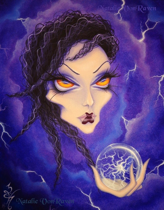 Items similar to ORIGINAL Fantasy Lowbrow Woman Girl Face Lightning ...