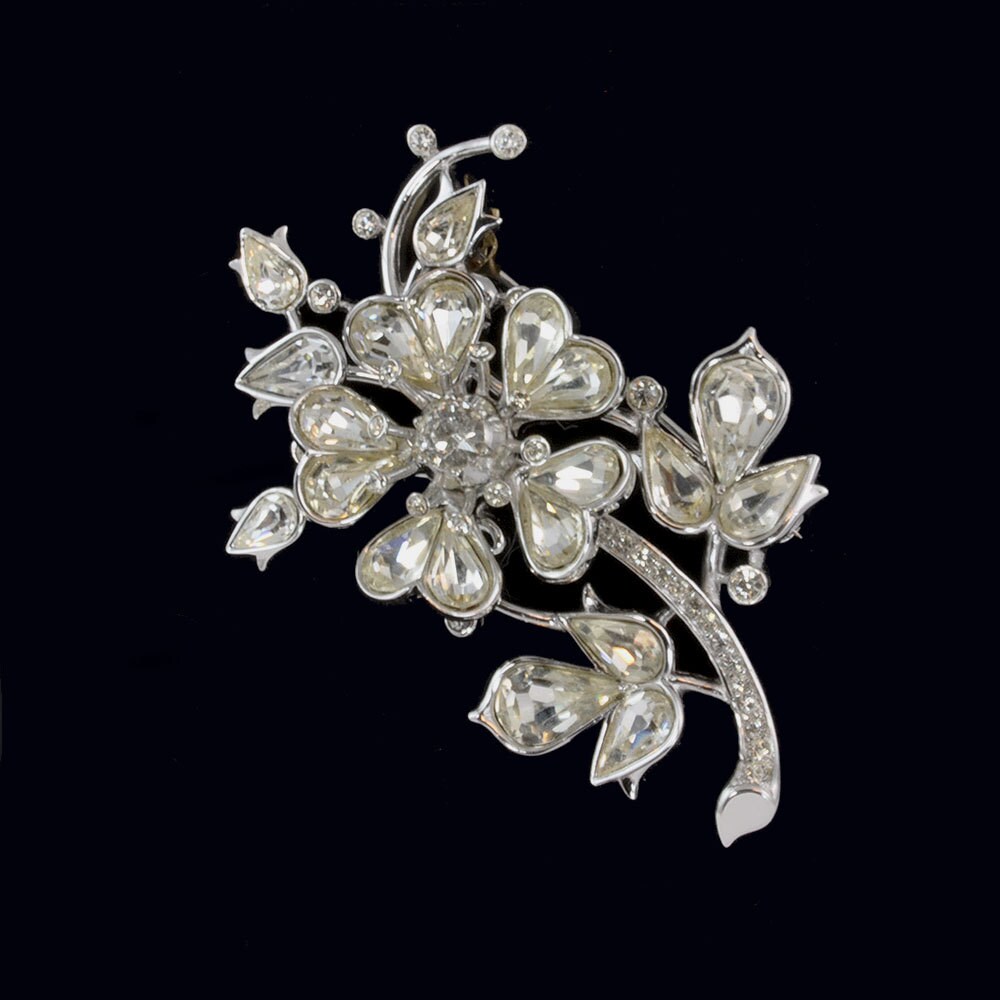 Vintage Crown Trifari Brooch Rhinestone Flower Brooch