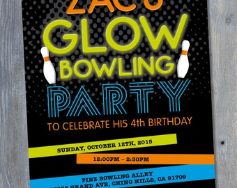 BOWLING Glow in the DARK Invitation for Birthday Party - Black Light Party - Neon - Personalized - 7"x5" - Print Your Own - DIY