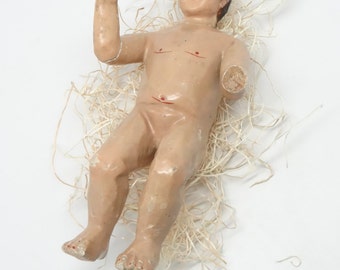 1800's Baby Jesus with Glass Eyes, Antique Santos Hand Carved for Christmas Putz or Nativity