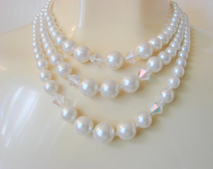 Mid Century Aurora Borealis Crystal Pearl Bib Bead Necklace / Wedding / Bridal / Japan Vintage / Jewelry / Jewellery