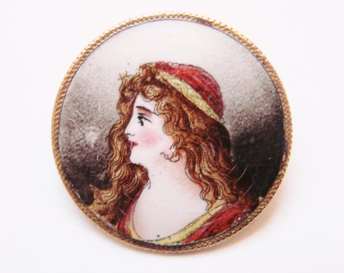 Antique Enamel Hand Painted Portrait Brooch / Renaissance / Miniature Portrait / 1800s Jewelry / Jewellery