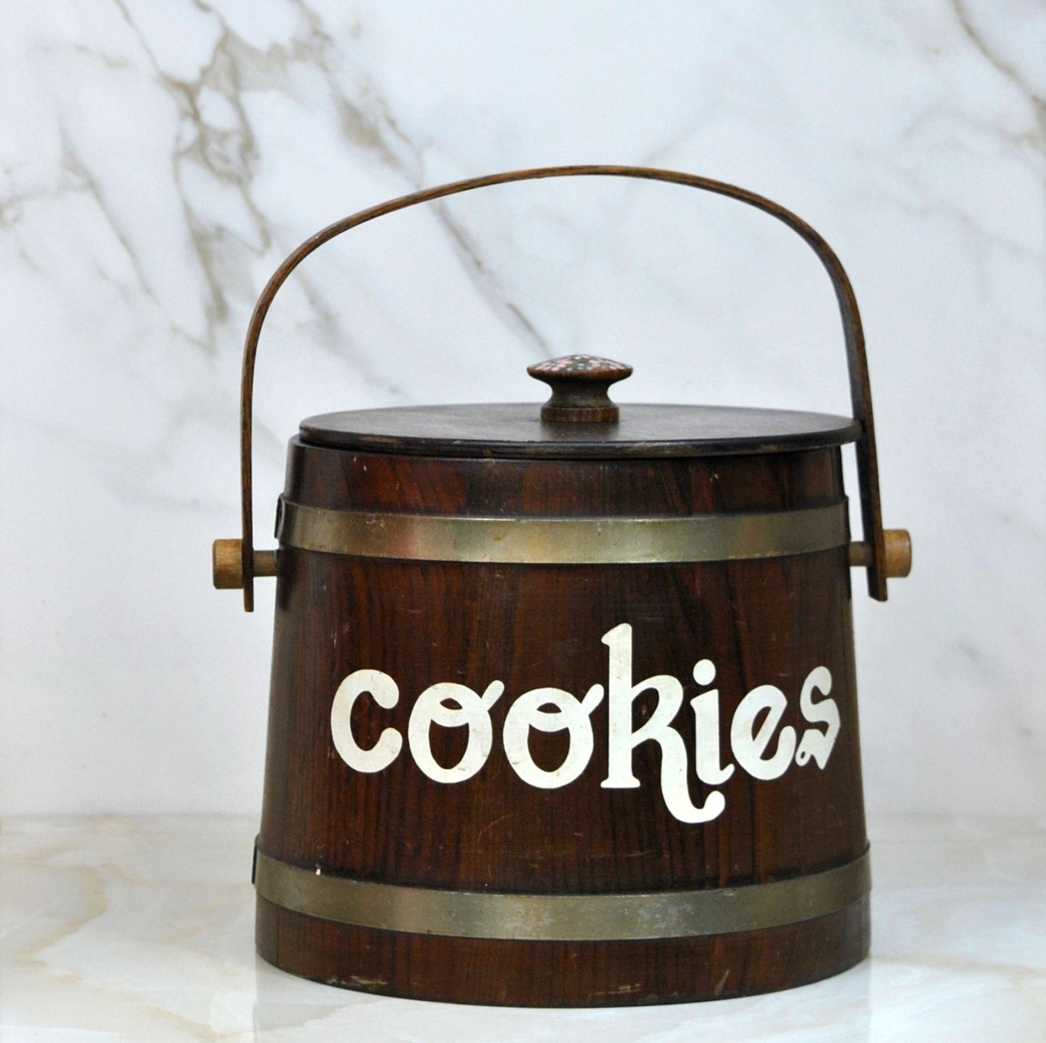 Vintage Wooden Bucket Cookie Jar or Biscuit Jar Hand Painted