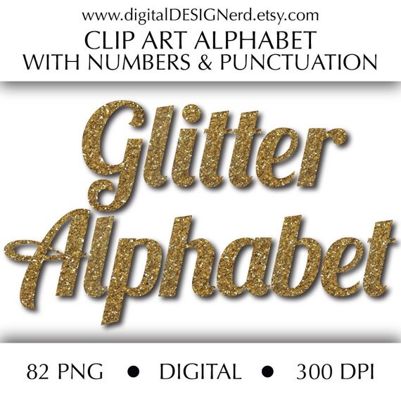 Clip Art Alphabet Gold Glitter Digital Letters Numbers and