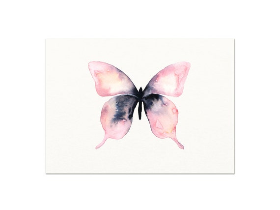 Pink Watercolor Butterfly Art Print. Pink and Black Butterfly