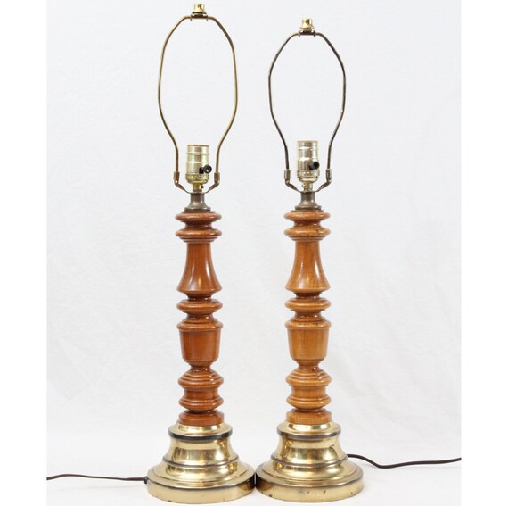 Small Turned Wood Table Lamps Pair Candlestick by YardSaleYuppie