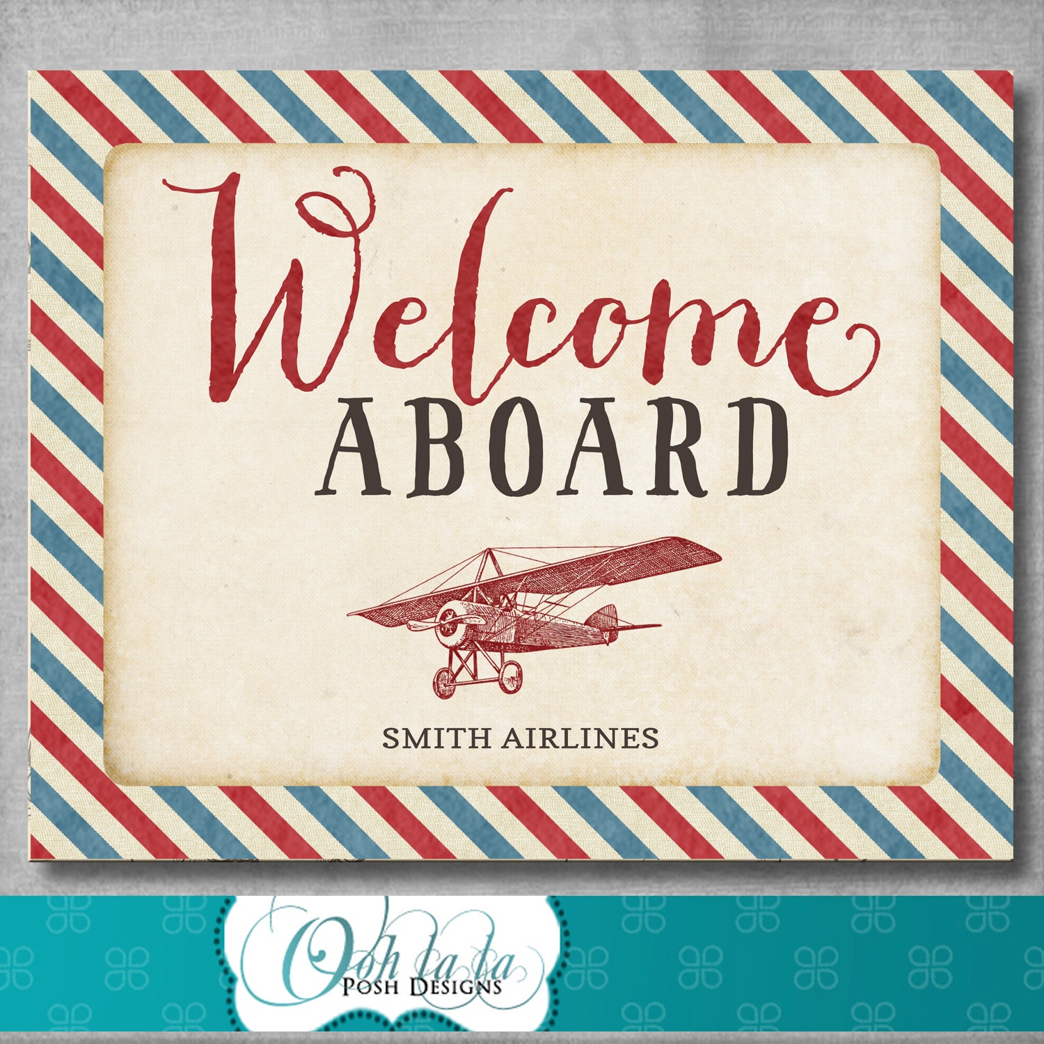 Personalized Welcome Aboard Sign Vintage Airplane Party