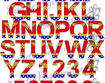 Alphabet and Numbers PNG Digital File, Diy Print Clip Art-Superhero Wonder Woman Character Letters Alphabet A-Z Printables Invitations Scr