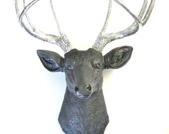 CHARCOAL-SILVER Faux Taxidermy Deer Head Wall Mount Wall Hanging Decor: Deerman the Deer Head in charcoal gray/grey with silver antlers
