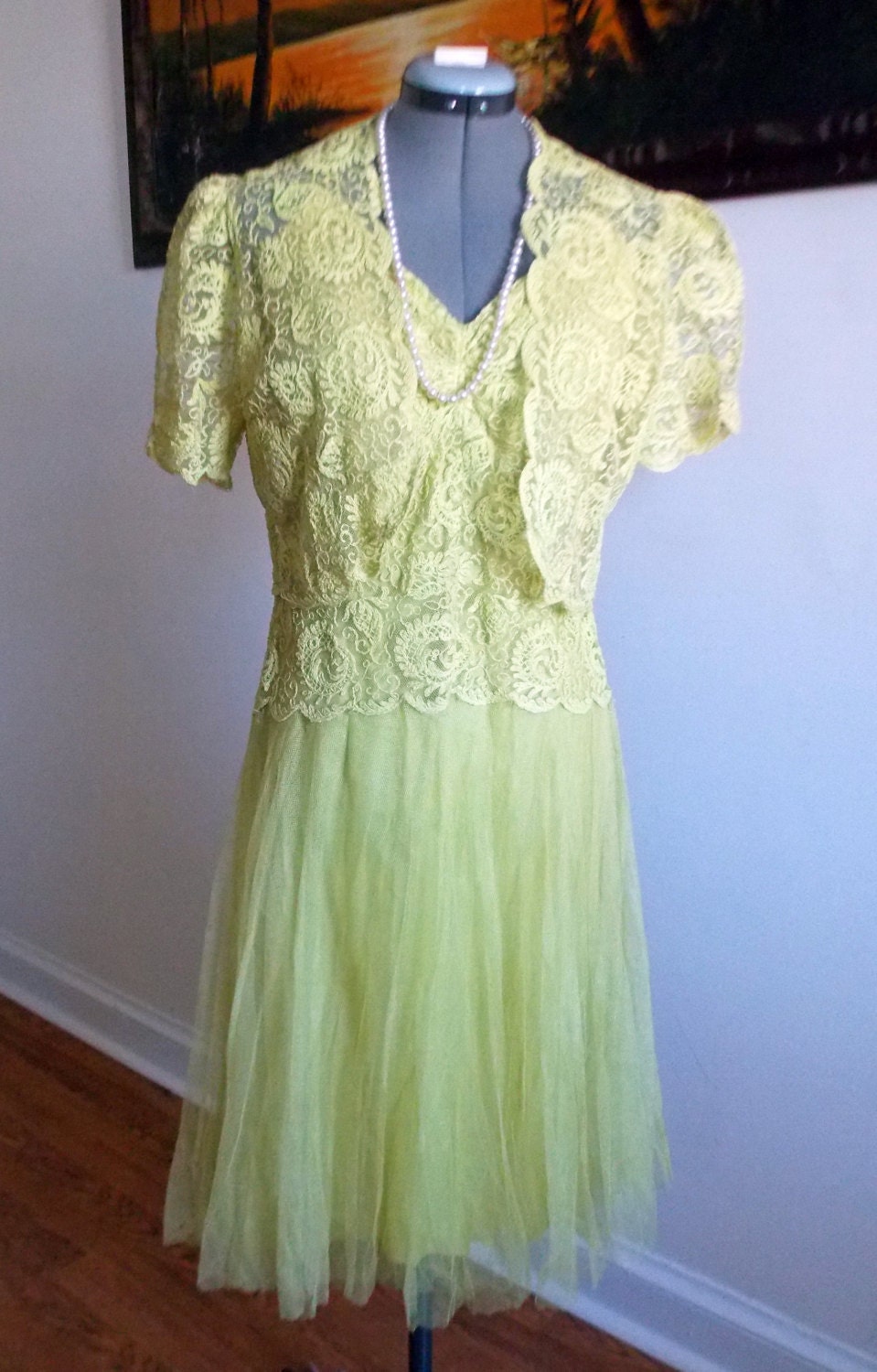 Vtg 30s Pale Yellow Lace Dress/Jacket Sz M by