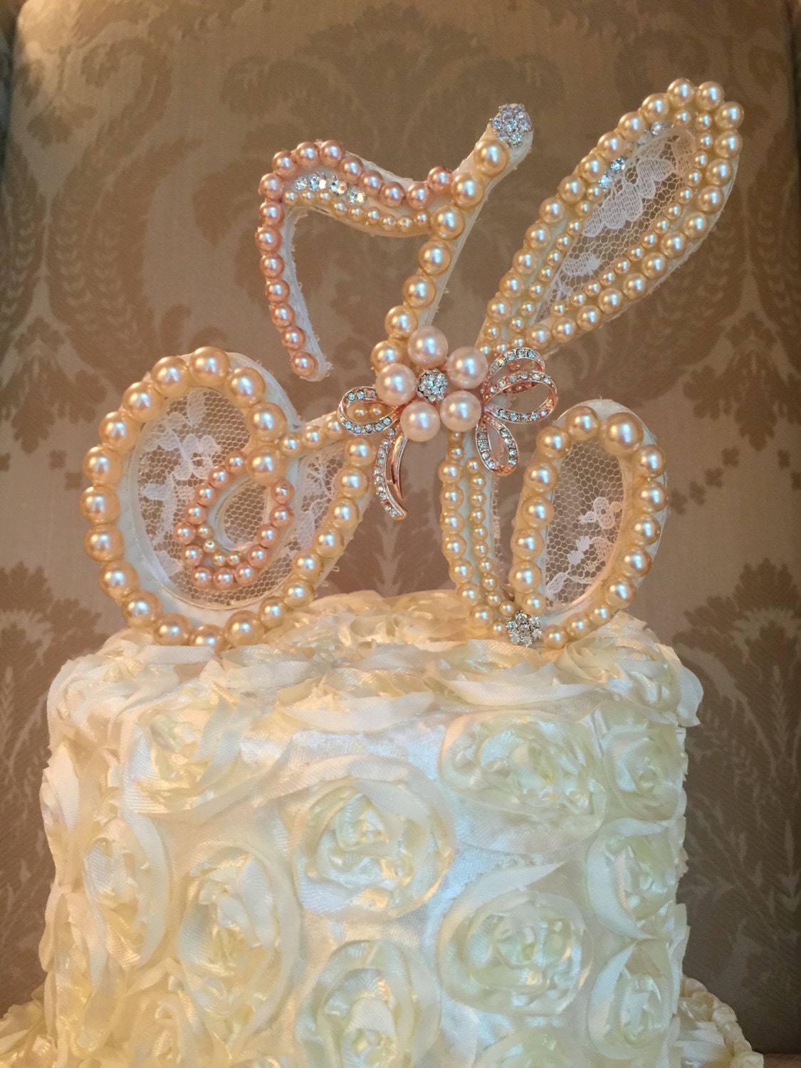 custom monogram pearl wedding cake toppers lace pearls and