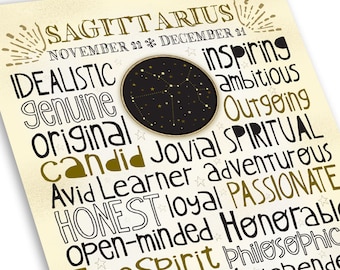 Sagittarius Art, Typography Style Astrology Print, Zodiac Constellation in Neutral Colors