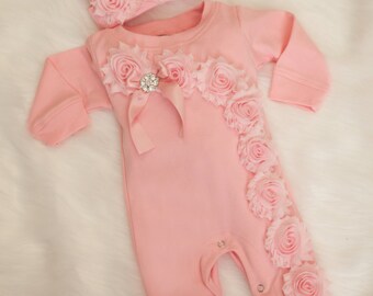 Pink Baby Girl Romper Set Infant One Piece Set with Shabby Chiffon Flowers and Hat