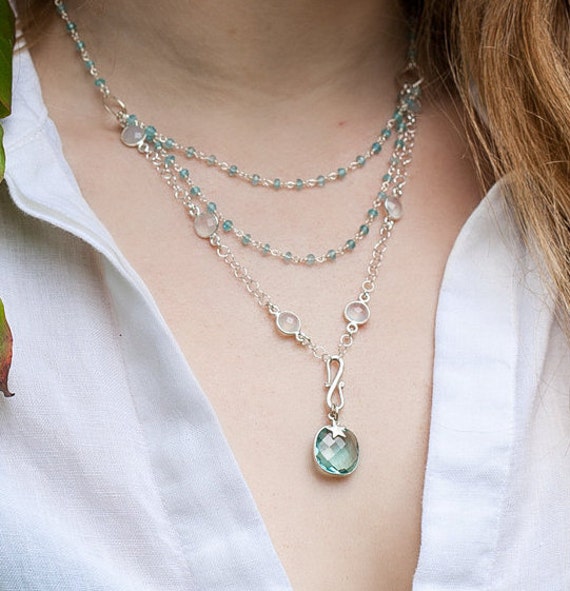 Items similar to BLUE TOPAZ NECKLACE - triple strand necklace - bezel ...