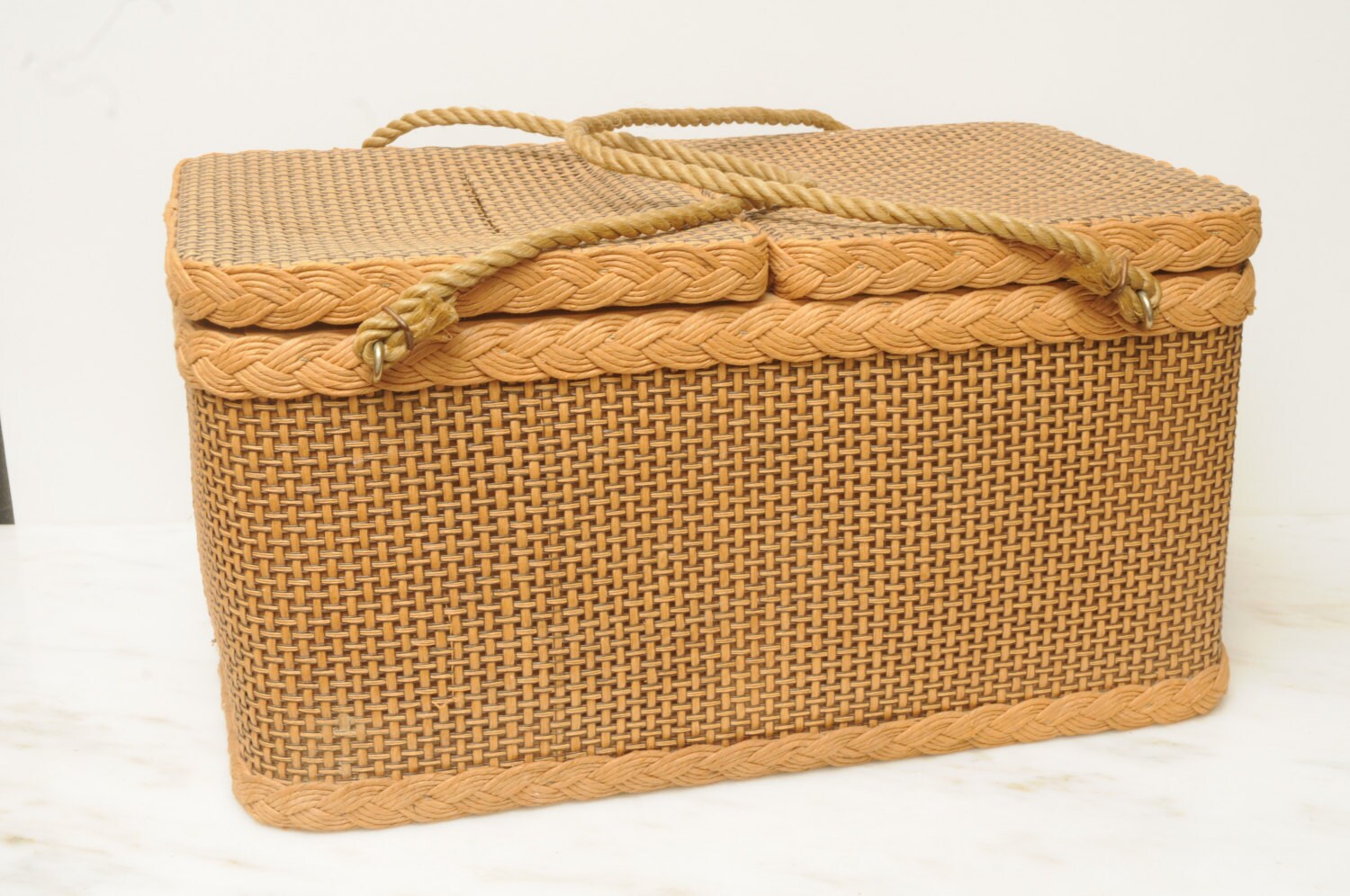 Vintage Redmon Red White Picnic Basket TORN