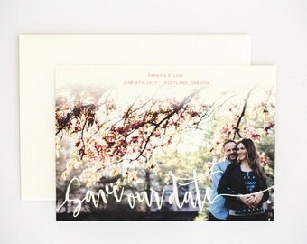 Photo Save the Date - Coral Ombre Modern Design with Unique Watercolor Pattern Wedding Photo Save the Date (Sarah Suite)