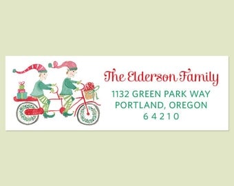 Holiday Return Address Labels with Elves Riding Bike, Christmas Address Labels, Elf Return Address Labels, Christmas Bike Labels, Elf Label