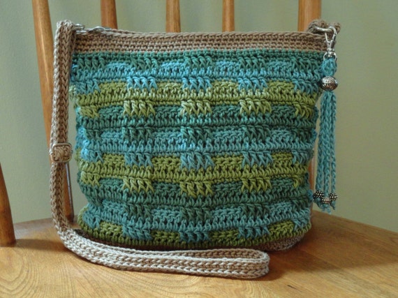 Crochet Crossbody Bag Purse Tan Green Teal Blue Lined Zipper