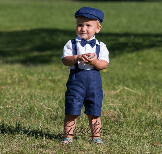 Newsboy ring bearer outfit Boy navy blue suit Baby boy linen