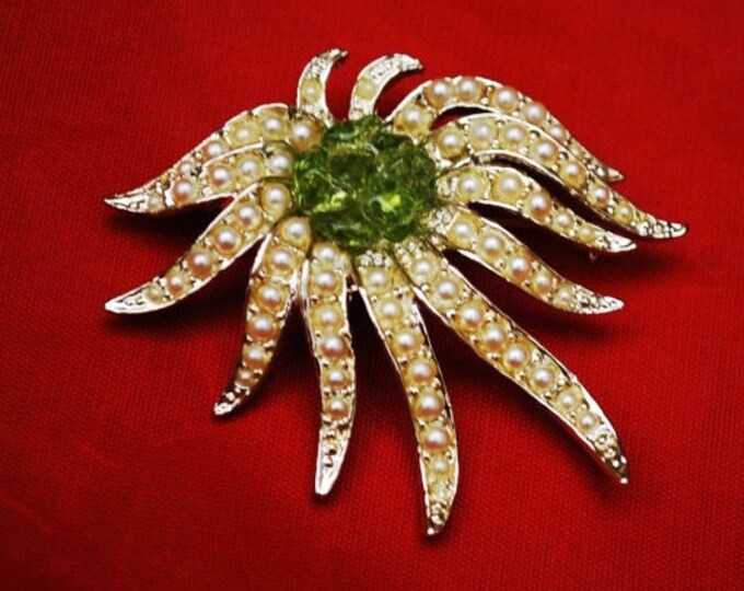 Flower brooch - pearls green art glass - Signed Celebrity New York - Mid century pin