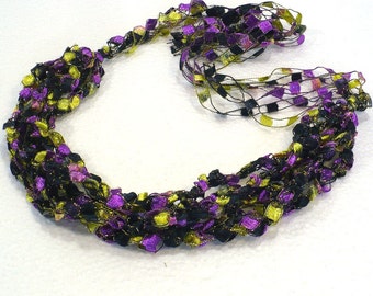 Purple, Black & Yellow Ladder Yarn Necklace: Handmade Ribbon Necklace, Crochet Choker, Fiber Jewelry, Lakers Fan Necklace