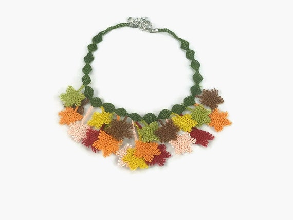 Crochet Necklace Crocheted Leaves Choker Necklace - Fall Colors - Turkish Oya Jewelry - Multicolor Statement Necklace - Tatted Lace Jewelry