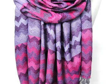Woman Scarf Shawl. Chevron Pashmina Fringed Scarf. Heavy Woman Shawl. Winter Scarf. Pink Scarf. Purple Shawl. 27x71in (68x180cm) Ready2Ship