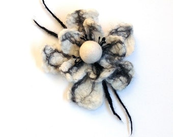 Felted flower brooch, felted wool jewelry, gifts for her, black and white hair clip, flower felt pin, corsage, wedding flower, bridal brooch