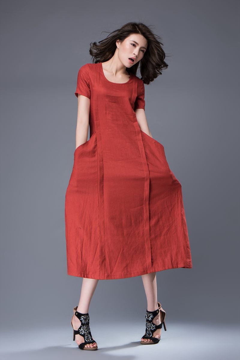 Linen Dressorange red dress A line dressdress with pockets