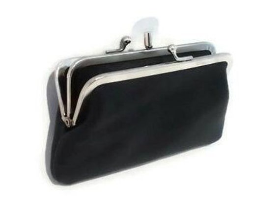 Black leather double frame kiss lock wallet 2 compartment