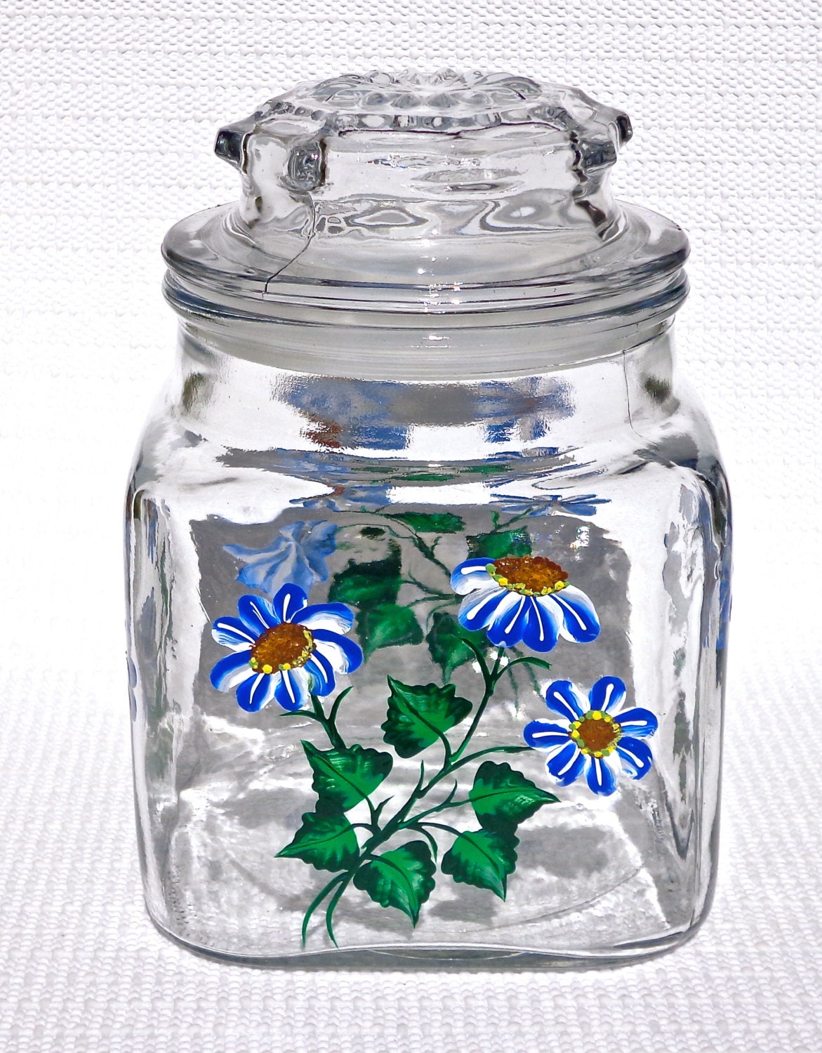 Hand Painted Glass Canister With Blue Daisies Hand Painted