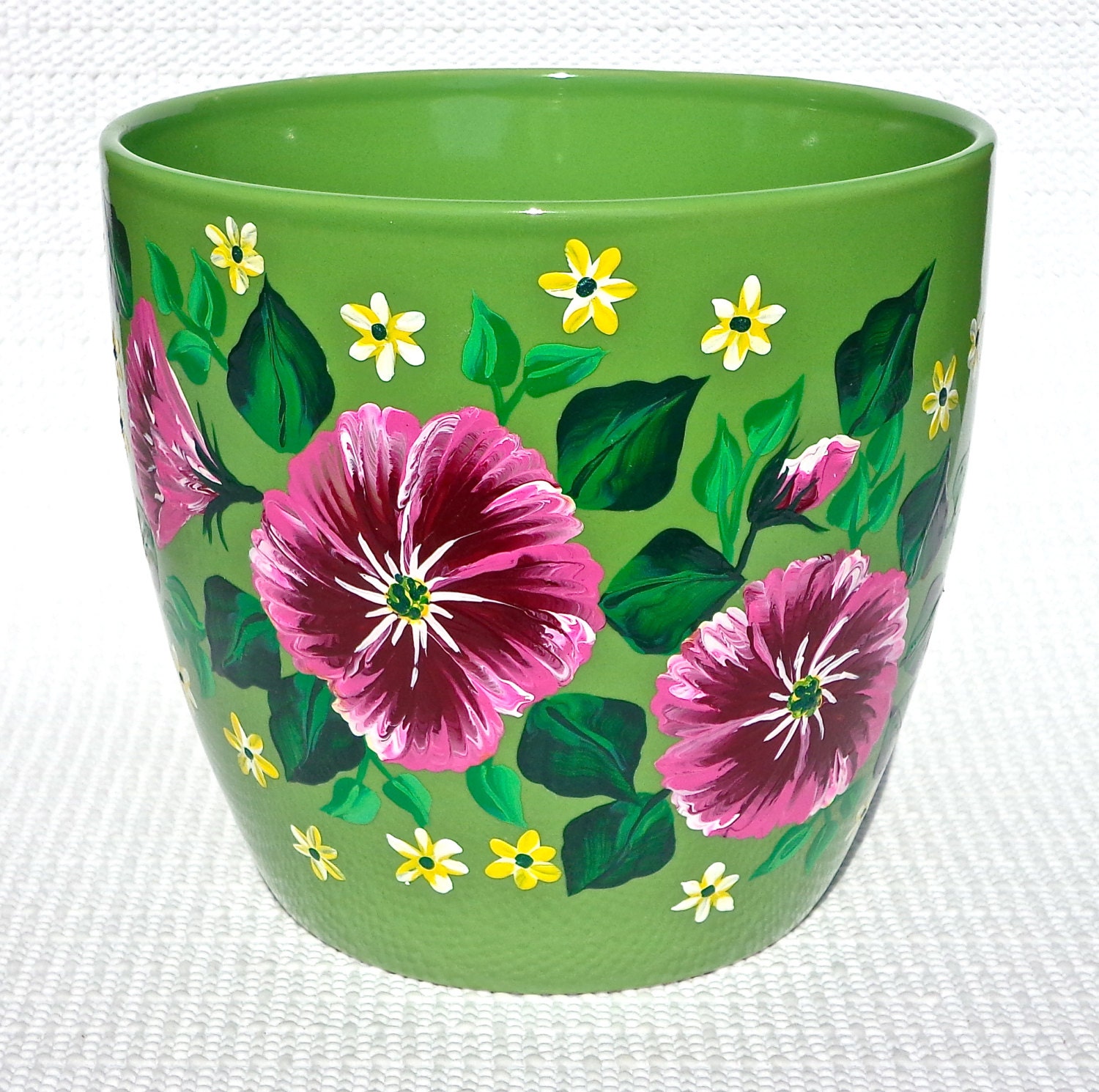 Hand Painted Green Flower Pot With Pink Flowers By Ipaintitpretty   Il Fullxfull.835597632 Mdyw 