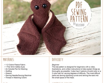 Beginner Bat Sewing Pattern, Stuffed Animal Pattern, Bat Plush Tutorial, PDF Pattern