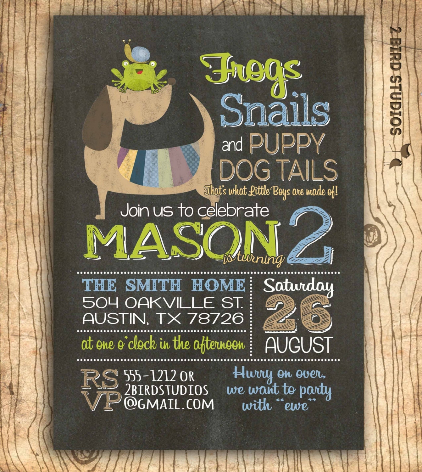 Frogs and snails and puppy dog tails birthday party invitation